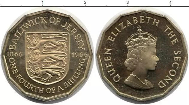 Монета 1/4 шиллинга Острова Джерси 1966 года Латунь 900 лет Норманским завоеваниям