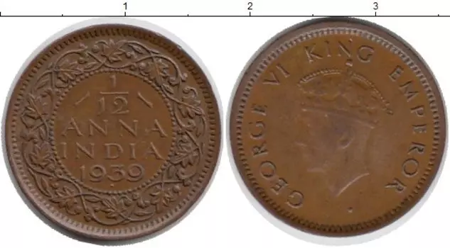 Монета 1/12 анны Индии 1930 года Медь Георг V