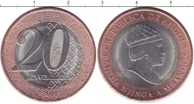 Монета 20 кванза Анголы 2011 года Биметалл Раинья Нджанга