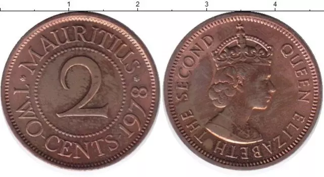 Монета 2 цента Маврикия 1969 года Бронза Елизавета II