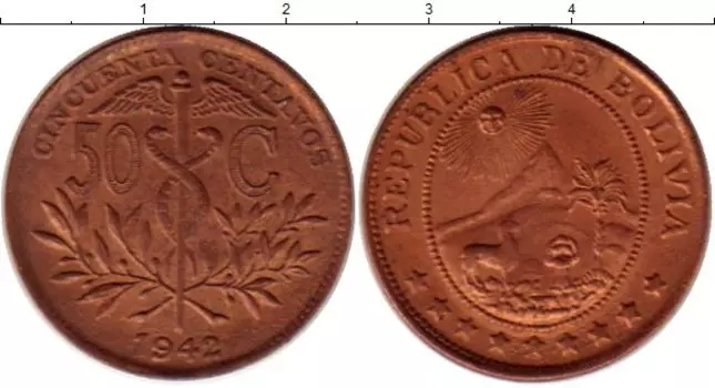 Монета 50 сентаво Боливии 1942 года Медь Гора