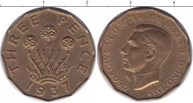 Монета 3 пенса Англии 1937 года Латунь Георг VI