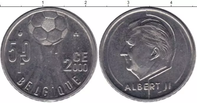 Монета 50 франков Бельгии 2000 года Медно-никель Чемпионат Европы по футболу 2000 г