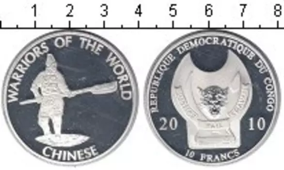 Монета 10 франков Конго 2010 года Посеребрение Китайский воин