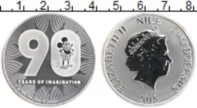 Монета 2 доллара Ниуэ 2018 года Серебро 90 лет Микки Маусу