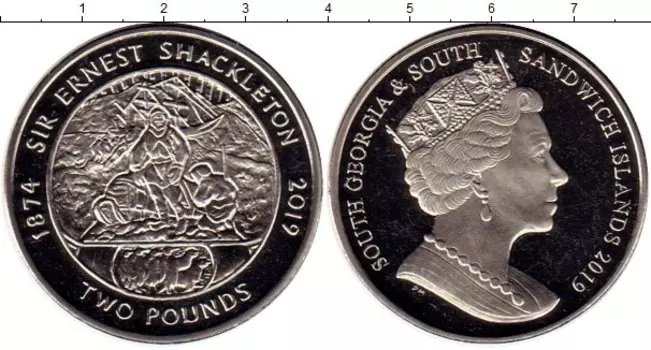 Монета 2 фунта Сандвичевых островов 2019 года Медно-никель Эрнест Шеклетон