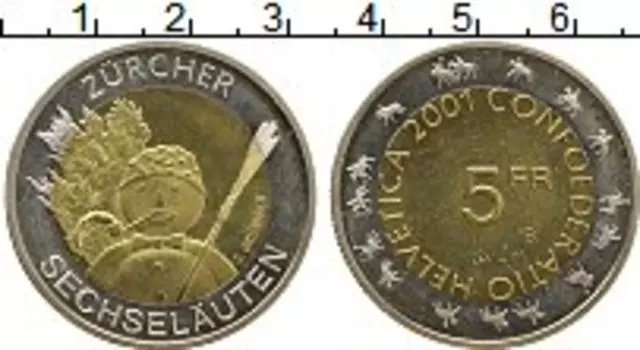 Монета 5 франков Швейцарии 2001 года Биметалл Снеговик