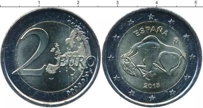 Монета 2 евро Испании 2015 года Биметалл 6-я монета серии «Памятники культурного и природного Всемирного наследия ЮНЕСКО»: Наскальные рисунки в пещере Альтамира эпохи позднего палеолита