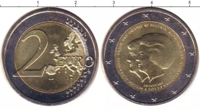 Монета 2 евро Нидерланд 2013 года Биметалл Отречение Королевы Беатрикс и вступление на престол Виллема Александера