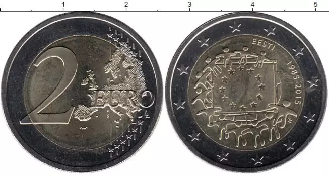 Монета 2 евро Эстонии 2015 года Биметалл 30 лет флагу