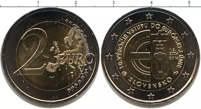 Монета 2 евро Словакии 2014 года Биметалл Словакия в Евросоюзе