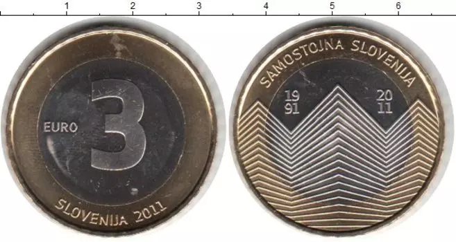 Монета 3 евро Словении 2011 года Биметалл Самостоятельность Словении