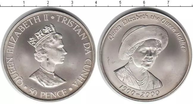 Монета 50 пенсов Тристан-да-Куньи 2000 года Медно-никель Елизавета II - Королева мать