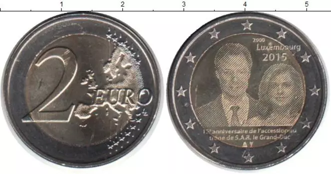 Монета 2 евро Люксембурга 2015 года Биметалл 15-летие вступления на престол Великого Герцога Анри