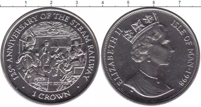 Монета крона Острова Мэн 1998 года Медно-никель 125-летие железной дороги