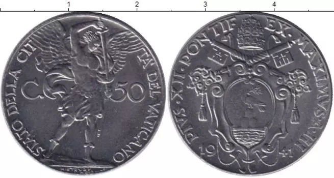 Монета 50 сентим Ватикана 1941 года Медно-никель