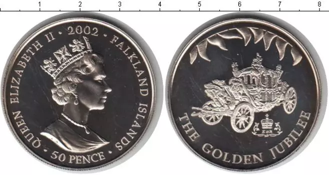 Монета 50 пенсов Фолклендских островов 2002 года Медно-никель золотой юбилей правления Елизаветы 2