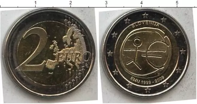 Монета 2 евро Словении 2009 года Биметалл 10 лет единой европейской валюты