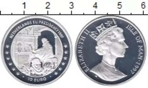 Монета 10 евро Острова Мэн 1997 года Серебро Президентство Нидерландов в ЕЭС в 1997 году