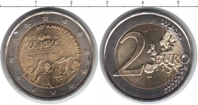 Монета 2 евро Франции 2011 года Биметалл 30 лет фестивалю музыки