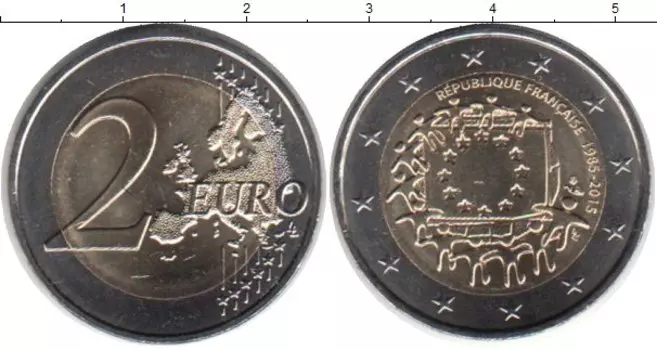 Монета 2 евро Франции 2015 года Биметалл 30 лет Евросоюзу