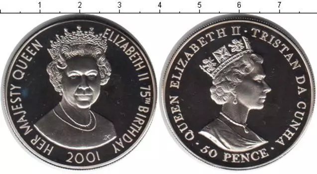 Монета 50 пенсов Тристан-да-Куньи 2001 года Медно-никель 75 летний юбилей Елизаветы II