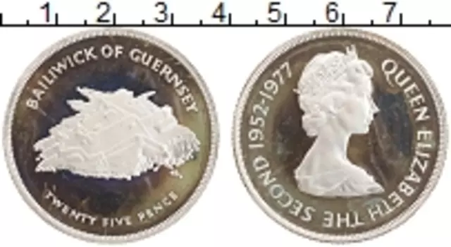 Монета 25 пенсов Гернси 1977 года Серебро Серебряный юбилей