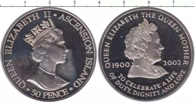 Монета 50 пенсов Аскенсиона 2002 года Медно-никель Королева-мать 1900-2002