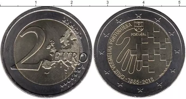 Монета 2 евро Португалии 2015 года Биметалл 150 лет Португальскому Красному Кресту