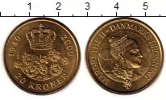 Монета 20 крон Дании 2000 года Латунь 60-летие королевы Маргрете II