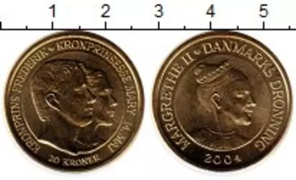 Монета 20 крон Дании 2004 года Латунь Маргрете II