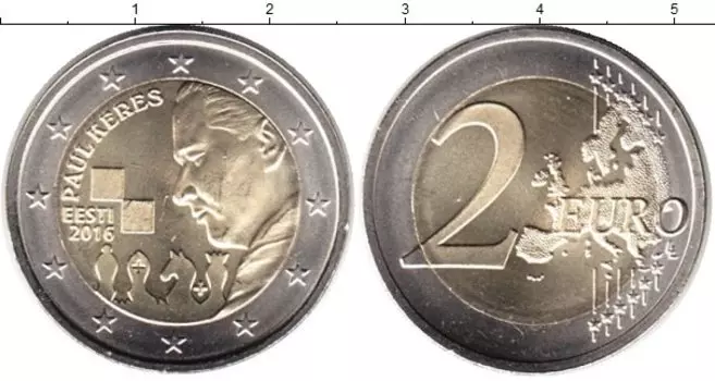 Монета 2 евро Эстонии 2016 года Биметалл Пауль Керес