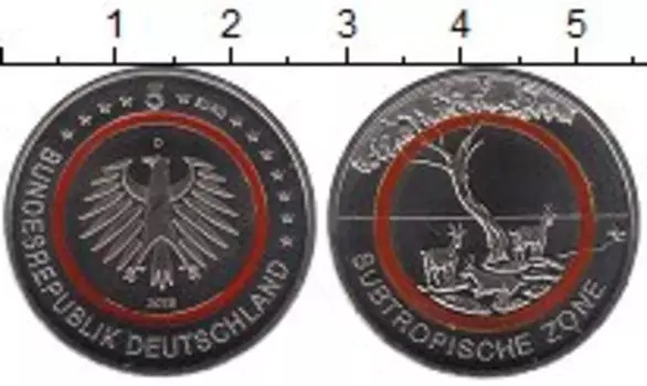 Монета 5 евро Германии 2018 года Медно-никель Субтропическая зона, вставка полимер