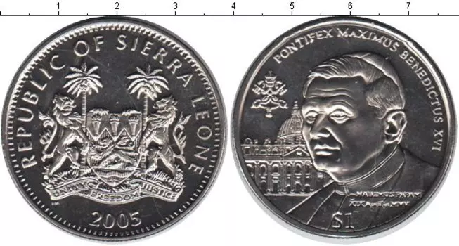 Монета доллар Сьерры-Леоне 2005 года Медно-никель Папа Римский Бенедикт XVI