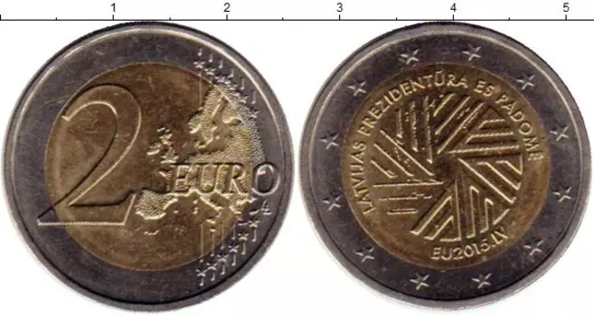 Монета 2 евро Латвии 2015 года Биметалл
