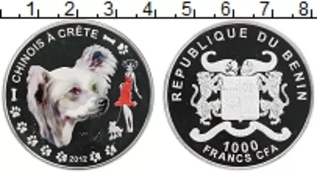 Монета 1000 франков Бенина 2012 года Серебро Собака цветная