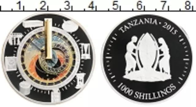 Монета 1000 шиллингов Танзании 2015 года Серебро Часы