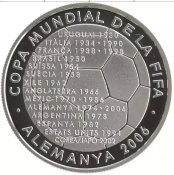 Монета 10 динерс Андорры 2003 года Серебро Чемпионат Мира по футболу 2006