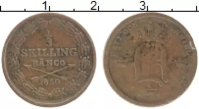 Монета 1/3 скиллинга Швеции 1850 года Медь Оскар (С двумя точками над А