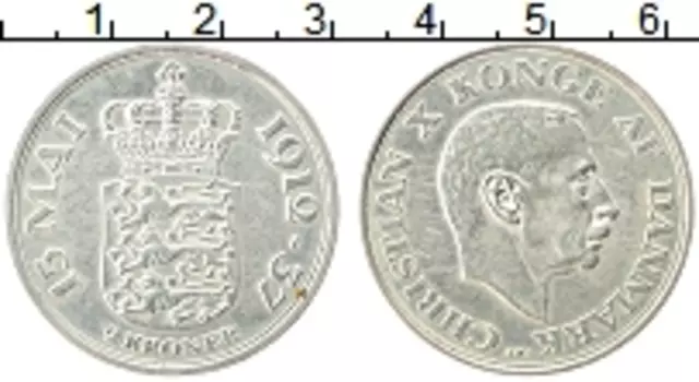 Монета 2 кроны Дании 1937 года Серебро 25 лет правления Кристиана Х