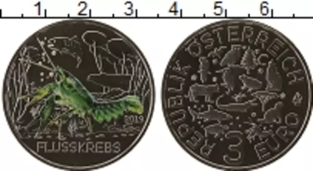 Монета 3 евро Австрии 2019 года Медно-никель Красочный мир животных: Рак, светится в темноте