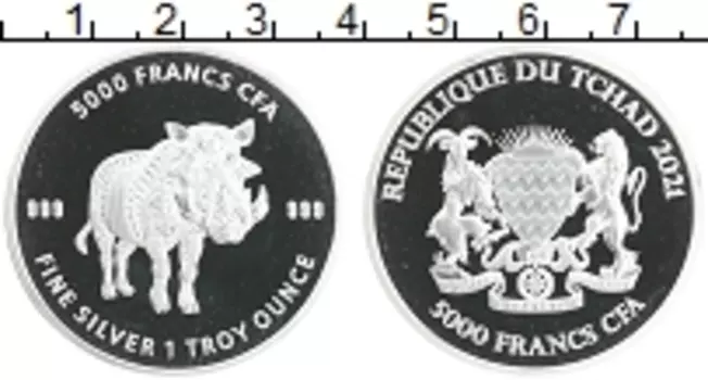 Монета 5000 франков Чада 2021 года Серебро Бородавочник