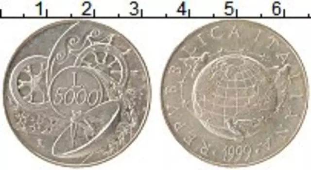 Монета 5000 лир Италии 1999 года Серебро Миллениум