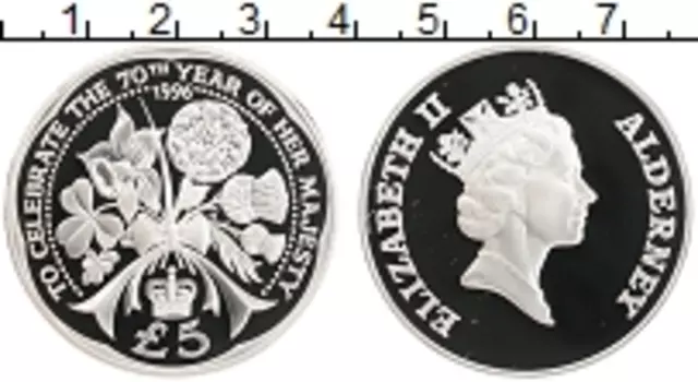 Монета 5 фунтов Олдерни 1996 года Серебро 70 лет королеве Елизавете II