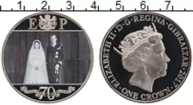 Монета крона Гибралтара 2017 года Медно-никель 70 лет свадьбы Королевы Елизаветы II и принца Филиппа