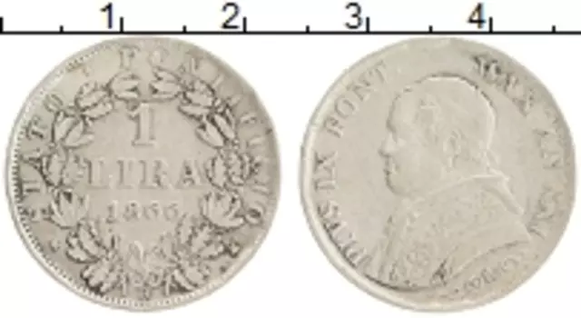 Монета лира Ватикана 1866 года Серебро Пий IX