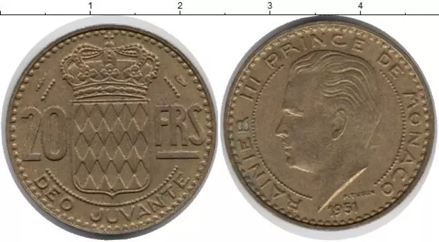 Монета 20 франков Монако 1951 года Латунь Раньер III