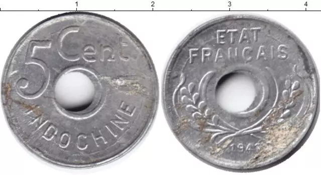 Монета 5 центов Индокитая 1943 года Алюминий Французский протекторат