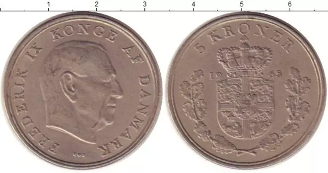 Монета 5 крон Дании 1965 года Медно-никель Фредерик IX