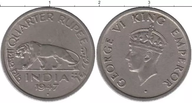 Монета 1/4 рупии Индии 1947 года Медно-никель Георг VI